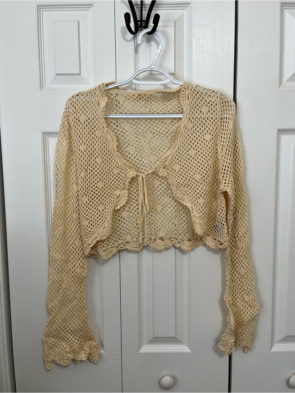 Cider Cream Open-Knit Tie-Front Crochet Cardigan